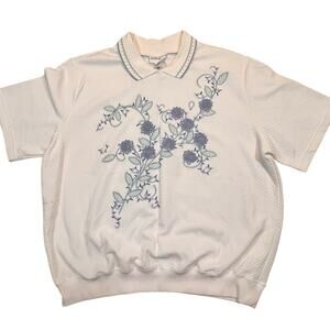 Alfred Dunner XL Floral Embroidered Polo  White Short Sleeve Textured Sweater